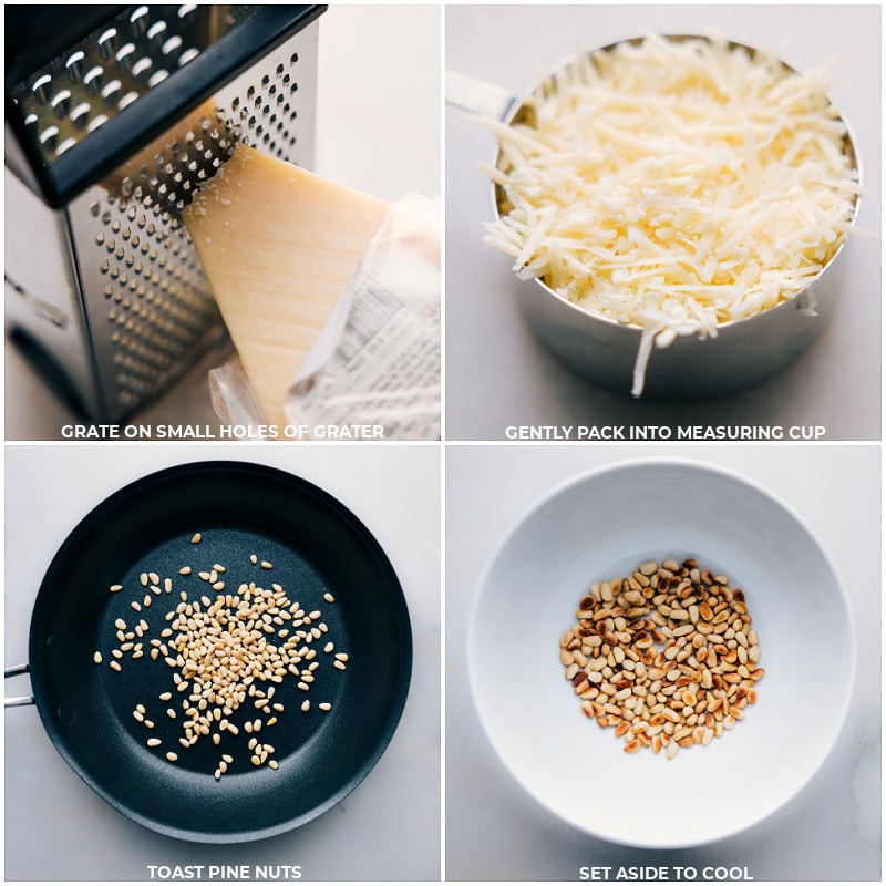Process shots-- images of the cheese being grated and the pine nuts being toasted