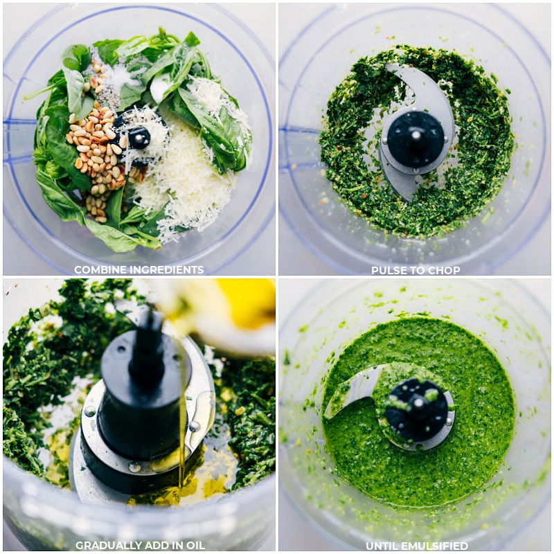 Process shots of Pesto Recipe-- images of all the ingredients being combined in a food processor and it all being pulsed together