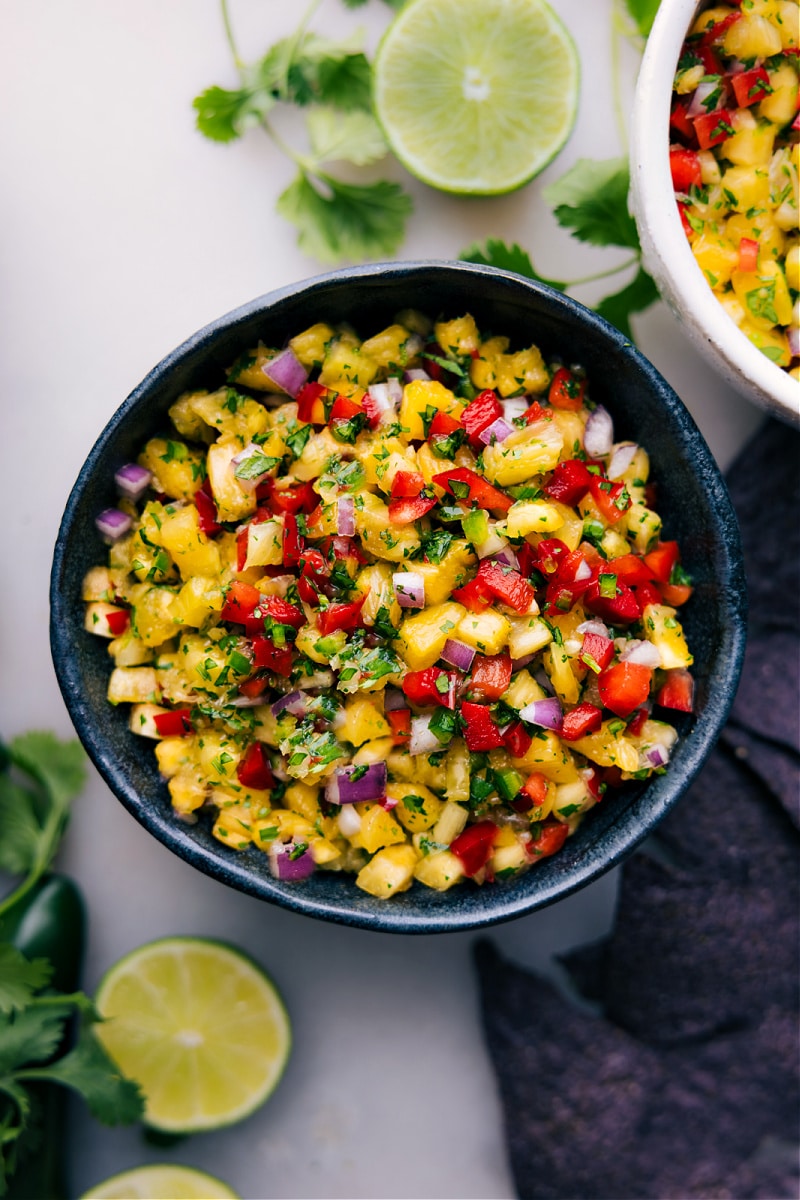 Overhead image of a bowl Pineapple Salsa