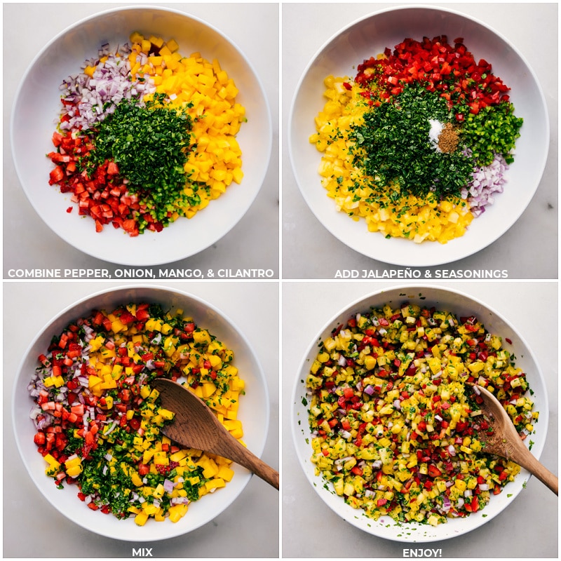 Process shots of Pineapple Salsa-- images of all the ingredients being combined and mixed together