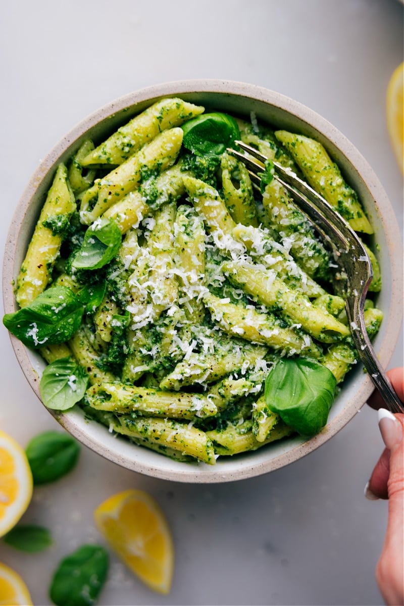 Overhead image of Pesto Pasta in a bowl