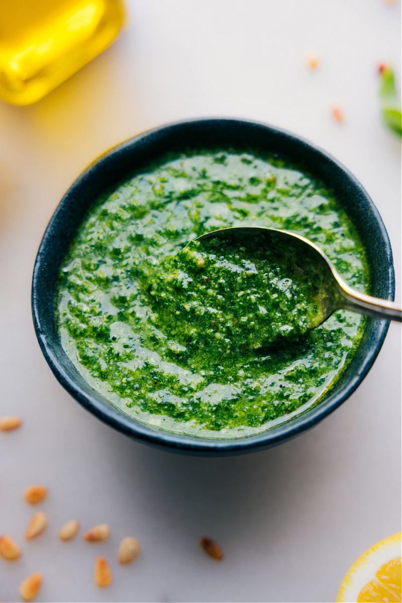 Up-close image of a spoonful coming out of the Pesto Recipe