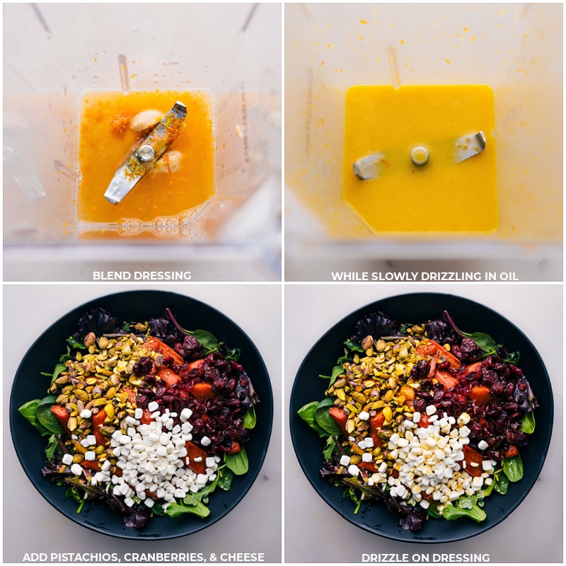 The dressing being prepared and all the ingredients of the salad being combined.