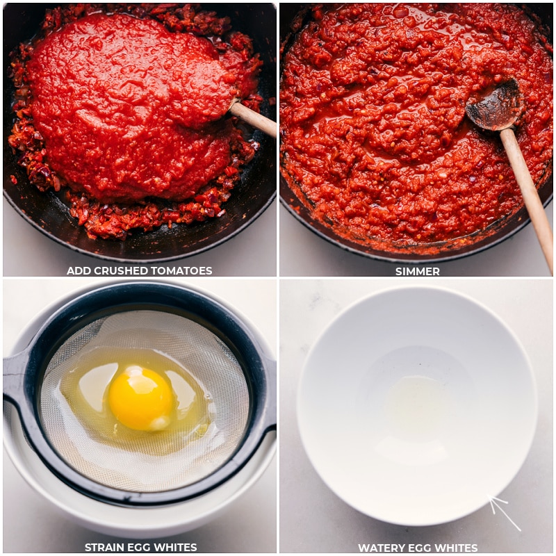 Process shots of shakshuka-- images of the crushed tomatoes being added and then the egg whites being strained