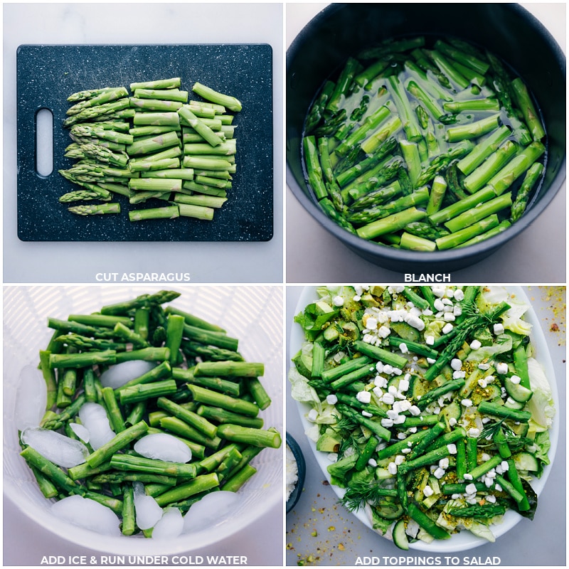 Process shots-- images of the asparagus being prepped and added to the dish