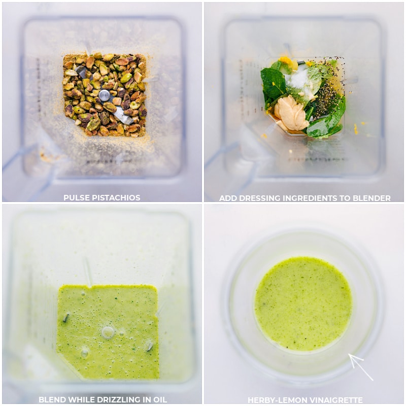 Process shots of Spring Salad-- images of the dressing being blended together