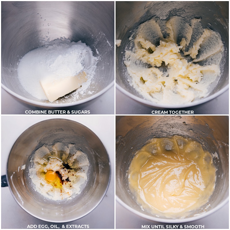 Process shots-- images of the butter, sugar, egg, oil, and extracts