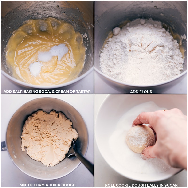 Process shots of Swig Sugar Cookies-- images of the salt, baking soda, cream of tartar, and flour being added to the dough
