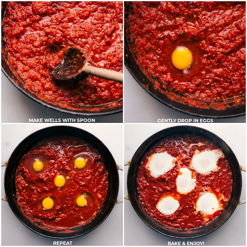 Process shots-- images of the eggs being dropped into the tomato mixture and it all being baked