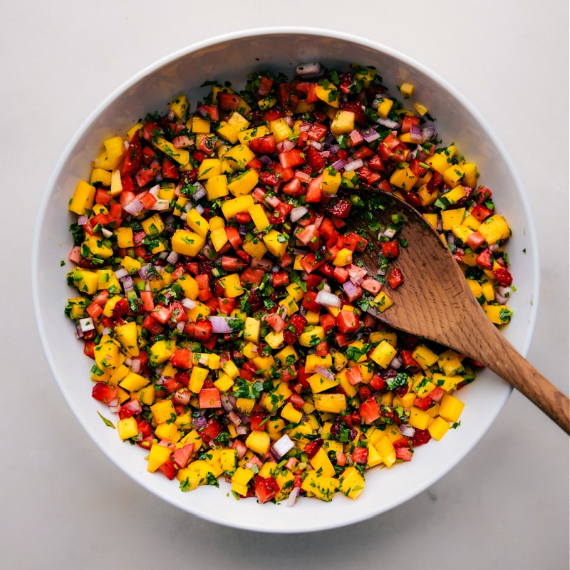 Overhead image of the Strawberry Mango Salsa ready to be enjoyed