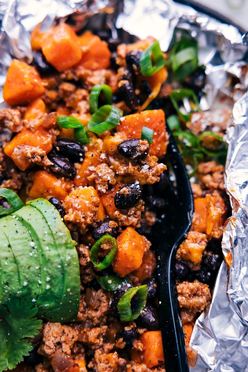 Up close image of the Taco Sweet Potato Foil Packets ready to be enjoyed