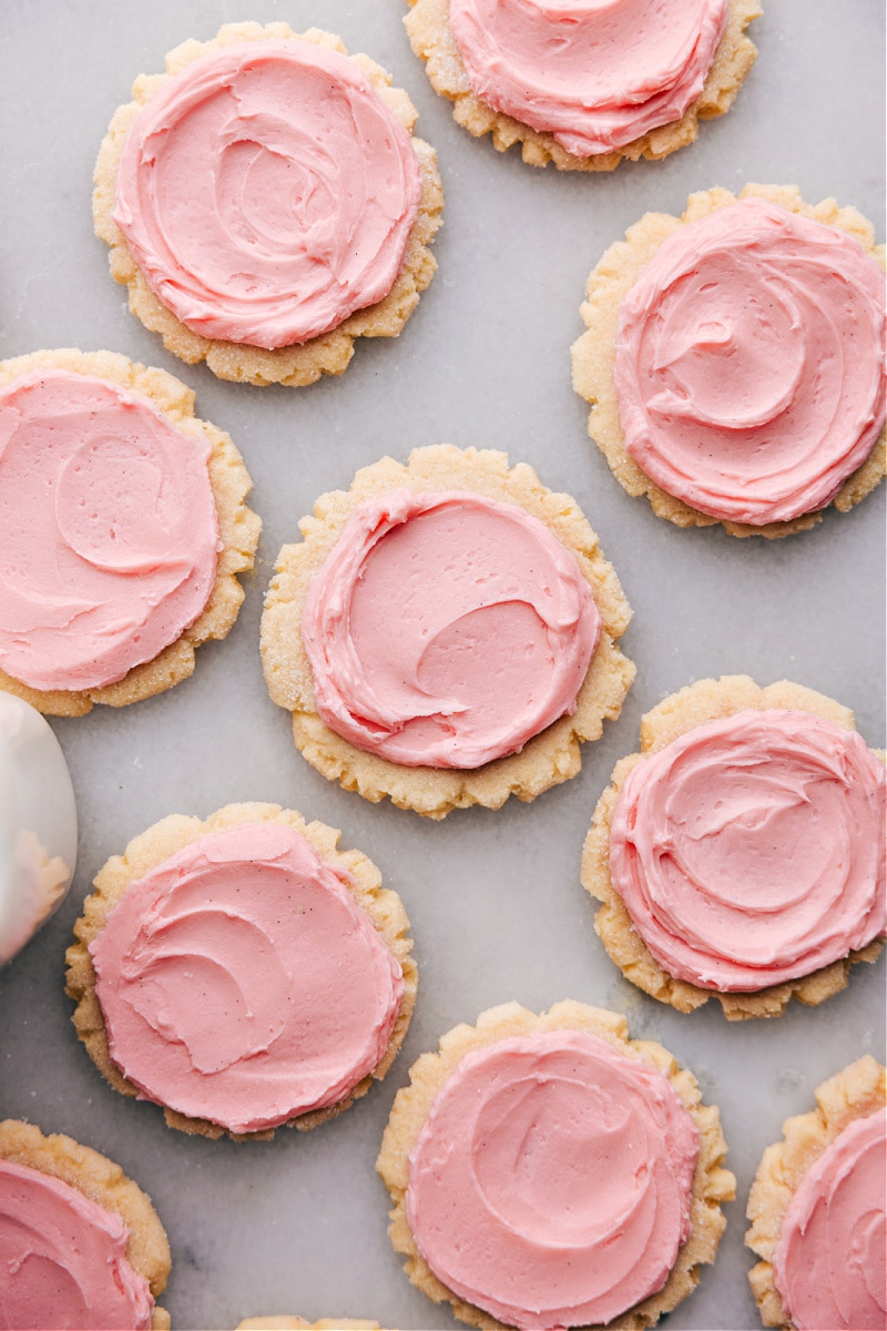 Overhead image of all the Swig Sugar Cookies frosted and ready to be enjoyed