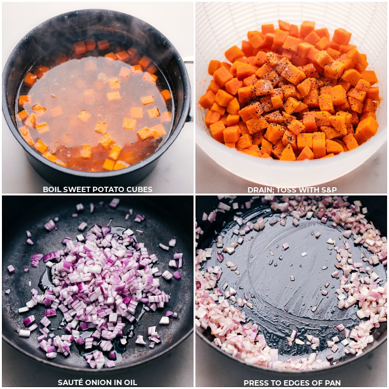 Process shots of Taco Sweet Potato Foil Packets-- images of the sweet potato cubes being boiled and then the onions being sautéed 