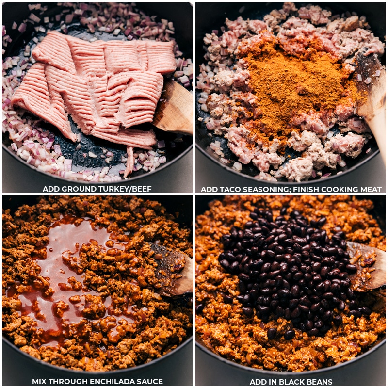 Process shots-- images of the meat being browned and then seasonings, enchilada sauce, and black beans being added