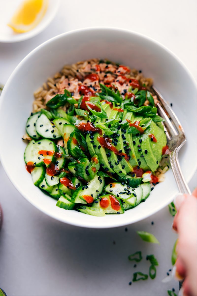 Overhead image of the completed dish in a bowl ready to be enjoyed