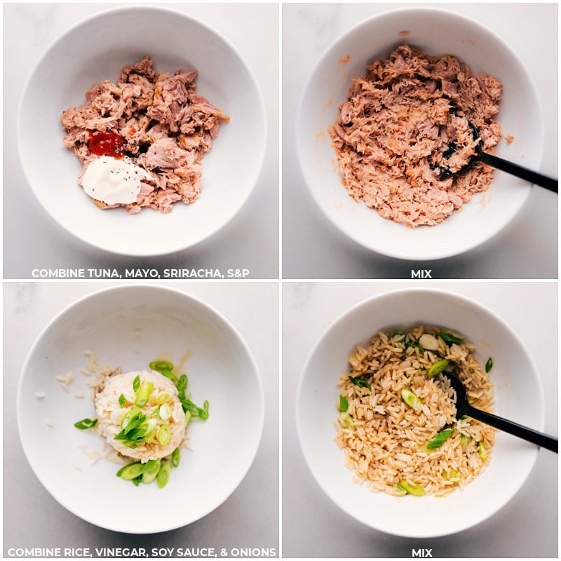 Process shots of Tuna-Rice Bowl-- images of the tuna being mixed together with the sauce and then the rice being prepped