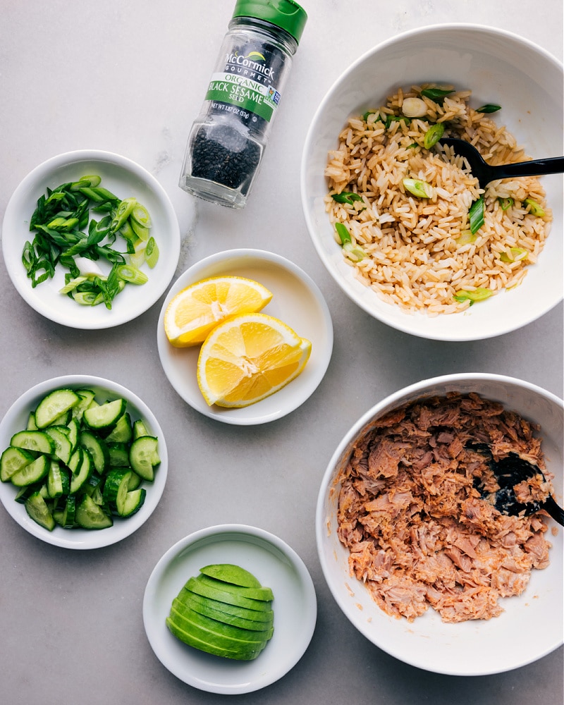 Process shots of Tuna-Rice Bowls-- image of all the ingredients used to compile this dish