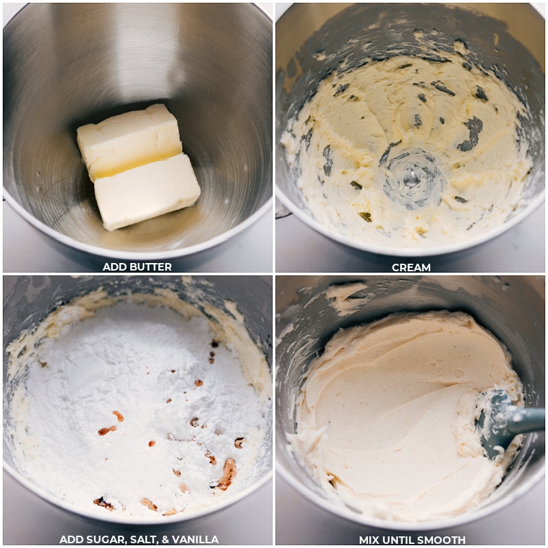 Butter, sugar, salt, and vanilla all being creamed together.