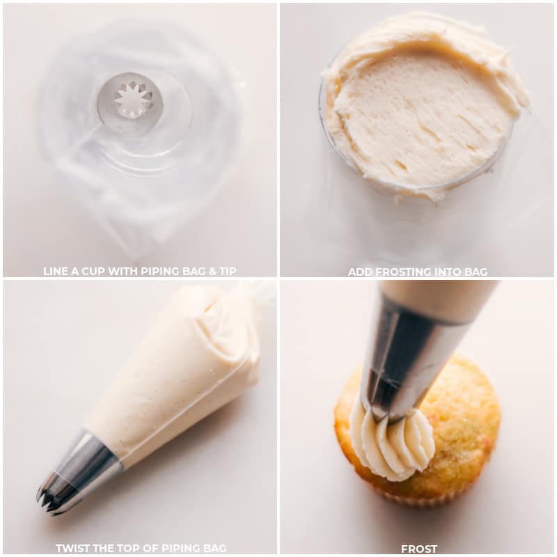 Process shots of Vanilla Frosting-- images of the frosting being added into a bag to pipe onto a cupcake