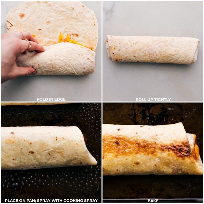 Process shots of Bean and Cheese Burritos-- images of the burrito being folded up and cooked
