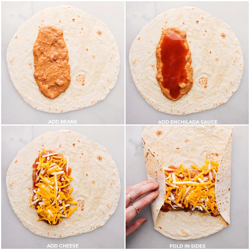 Process shots-- images of the beans being layered in, then the enchilada sauce, and finally the cheese