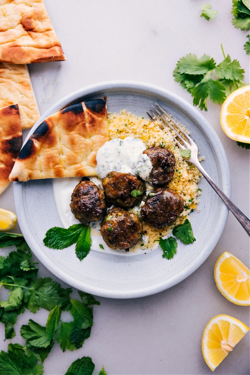 Overhead image of the Beef Kofta Meatballs ready to be enjoyed