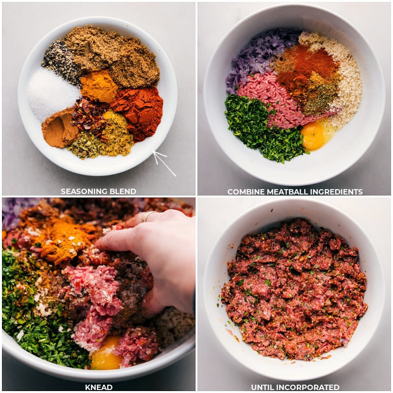 Process shots-- images of all the meatball ingredients being combined in one bowl