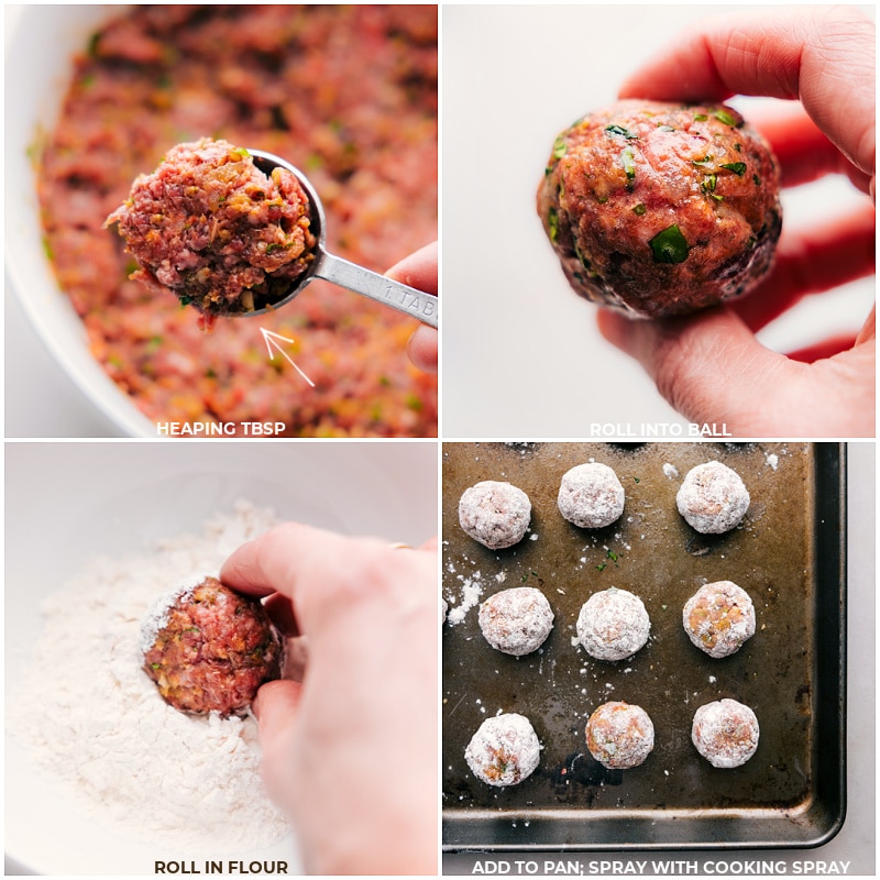 Process shots of Beef Kofta Meatballs-- images of the meatballs being rolled out, then rolled in flour and baked