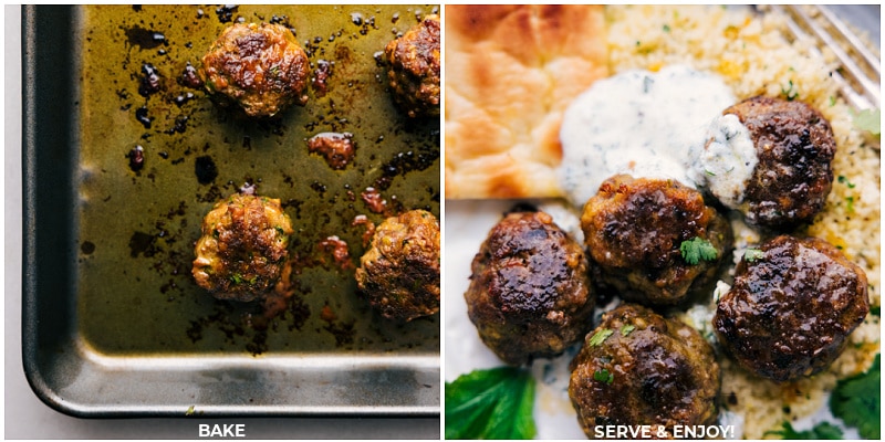 Process shots of Beef Kofta Meatballs-- images of the meatballs fresh out of the oven and being served in a pita
