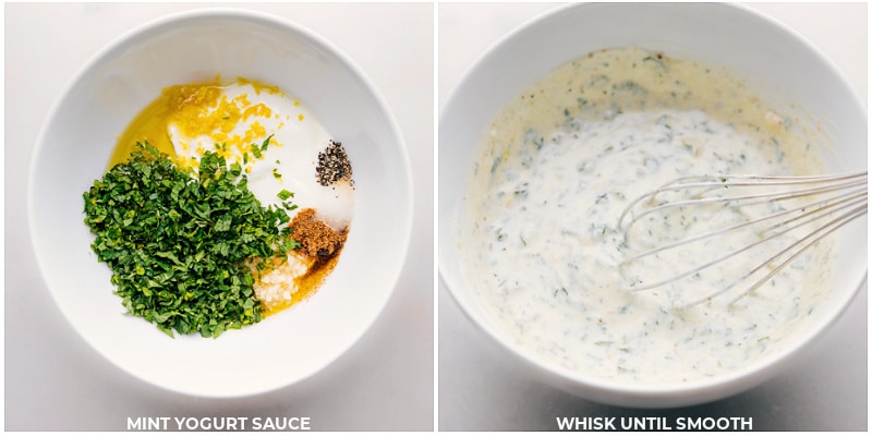 Process shots-- images of the mint-yogurt sauce being mixed 