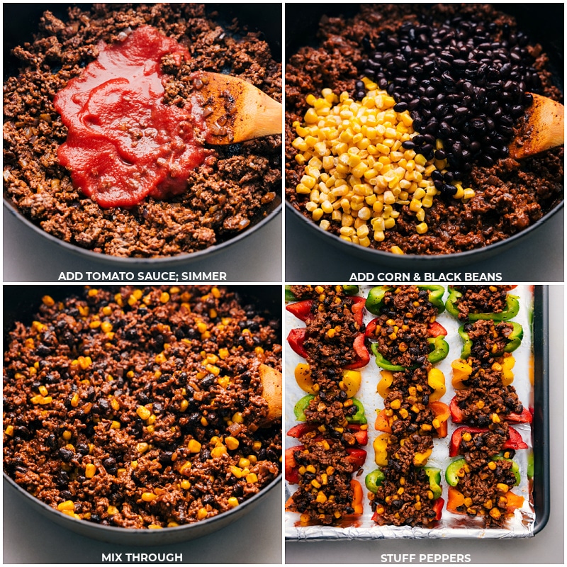 Process shots-- images of the tomato sauce being simmered and the corn and black beans being added