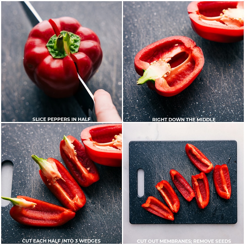 Process shots of Bell Pepper Nachos-- images of the peppers being cut into wedges