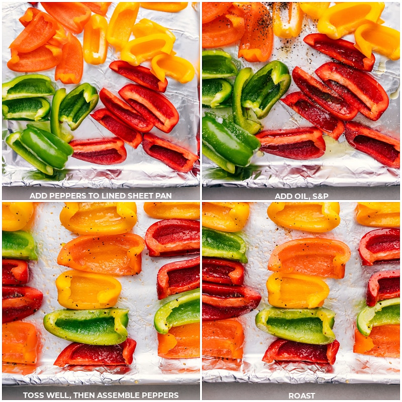 Process shots-- images of all the peppers being lined on a sheet pan and roasted