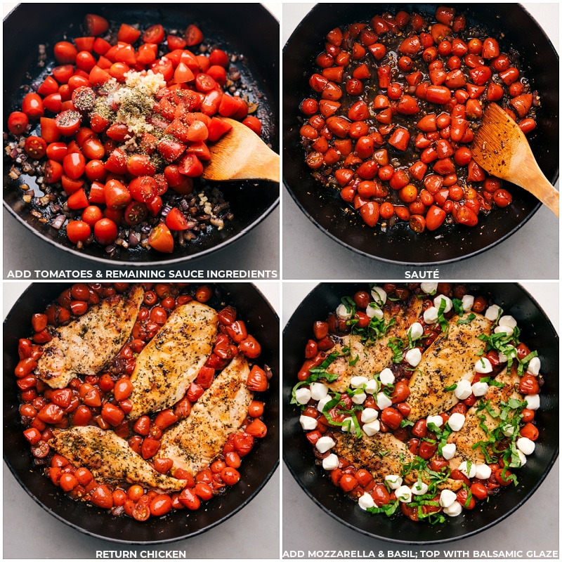 Process shots-- images of the tomatoes and remaining sauce ingredients being added to the pot and the chicken be added back in