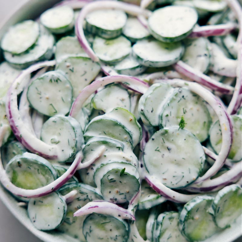 Overhead, closeup view of Creamy Cucumber Salad