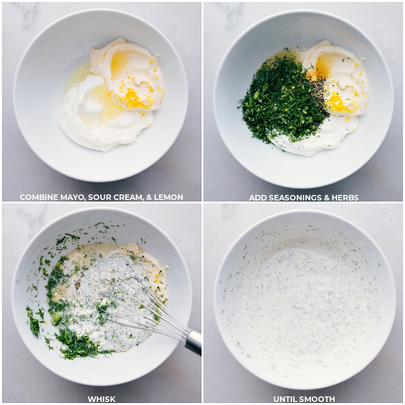 Making the dressing by combining the ingredients in a bowl for this fresh creamy cucumber salad.