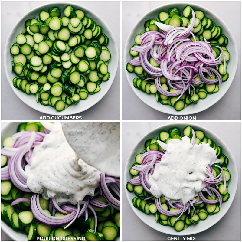 Add cucumbers and onion to a large bowl; pour on dressing and gently mix.