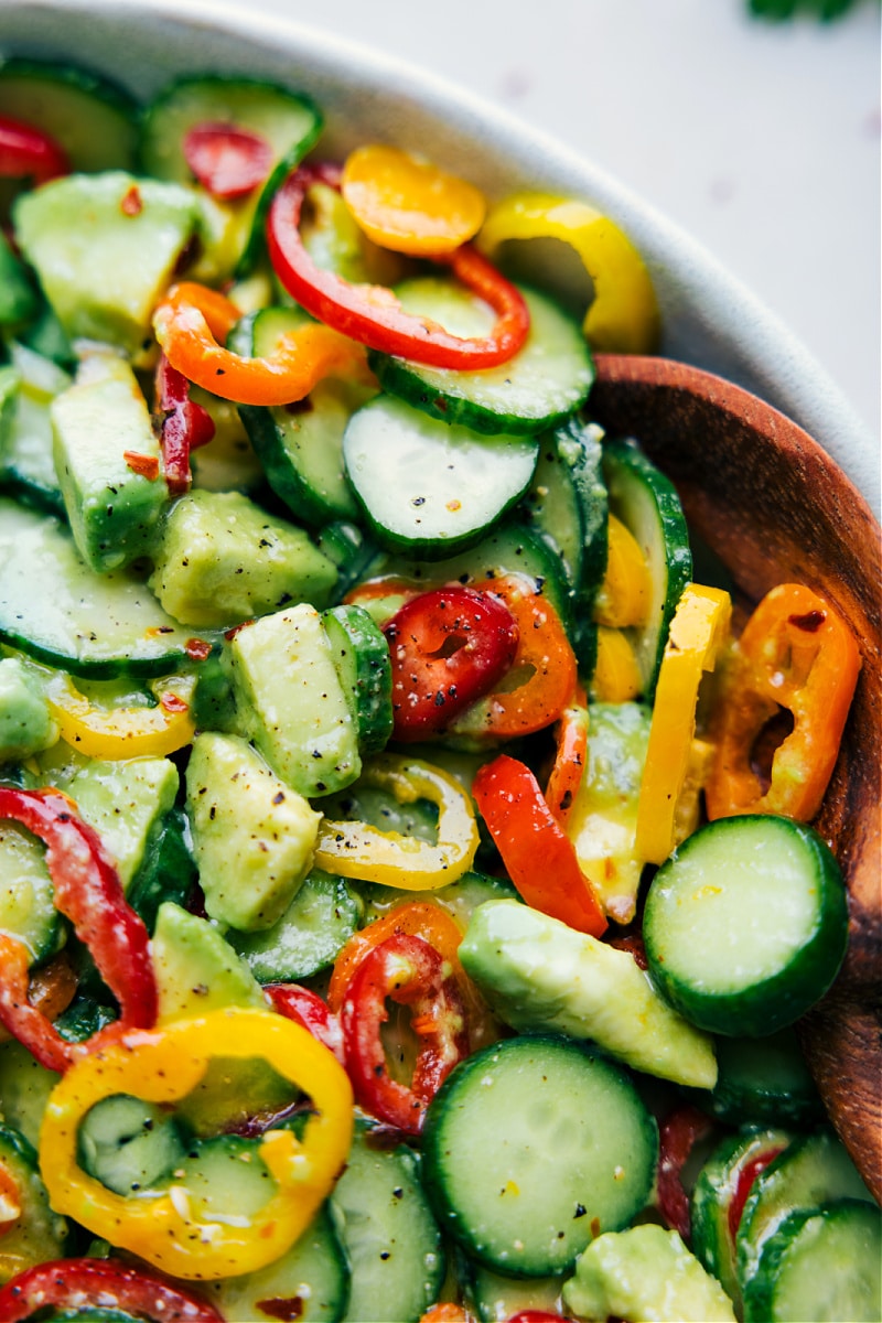 Up-close overhead image of the Cucumber-Pepper Salad, ready to be enjoyed