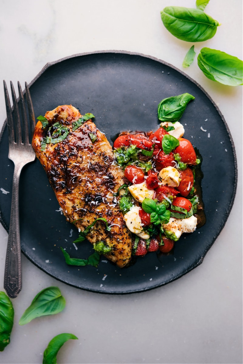 Overhead image of the caprese chicken ready to be enjoyed