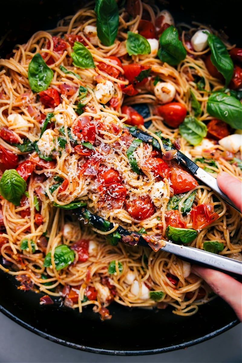 Up-close overhead image of the Caprese Pasta ready to be enjoyed