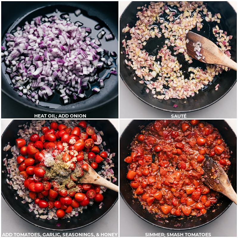 Process shots of Caprese Pasta-- images of the onions being sautéed and the tomatoes, garlic, seasonings, and honey all being added