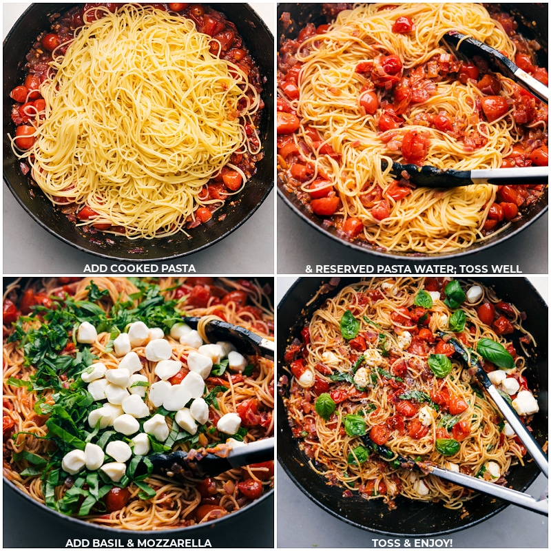 The cooked pasta, basil, and mozzarella all being added to the pot