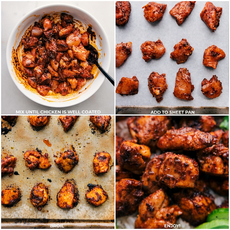 Process shots of Chipotle Chicken-- images of the chicken being spread on a sheet pan and broiled