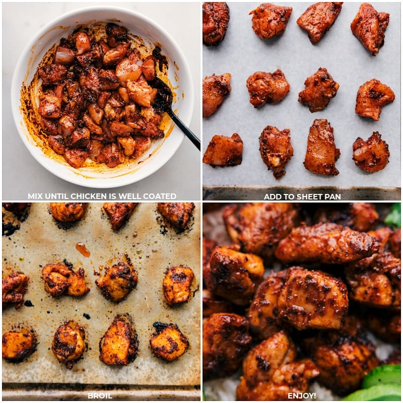 Process shots of Chipotle Chicken-- images of the chicken being spread on a sheet pan and broiled