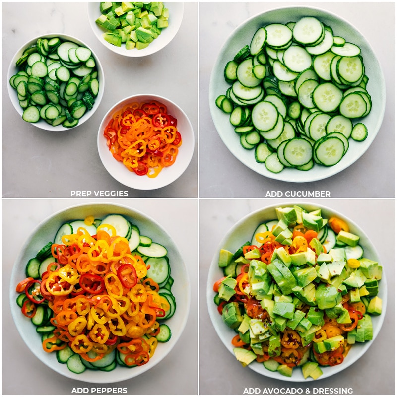 Process shots-- images of all the veggies being combined and the dressing being poured over it