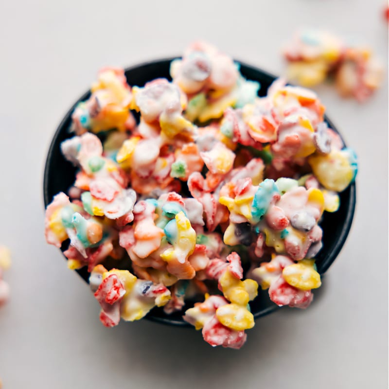 Overhead image of the Fruity Pebble Crunch Candy in a bowl ready to be enjoyed