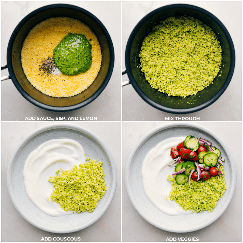 Process shots of greek meatball bowls-- images of the dressing being added to the couscous and the couscous and veggies being layered into the bowl