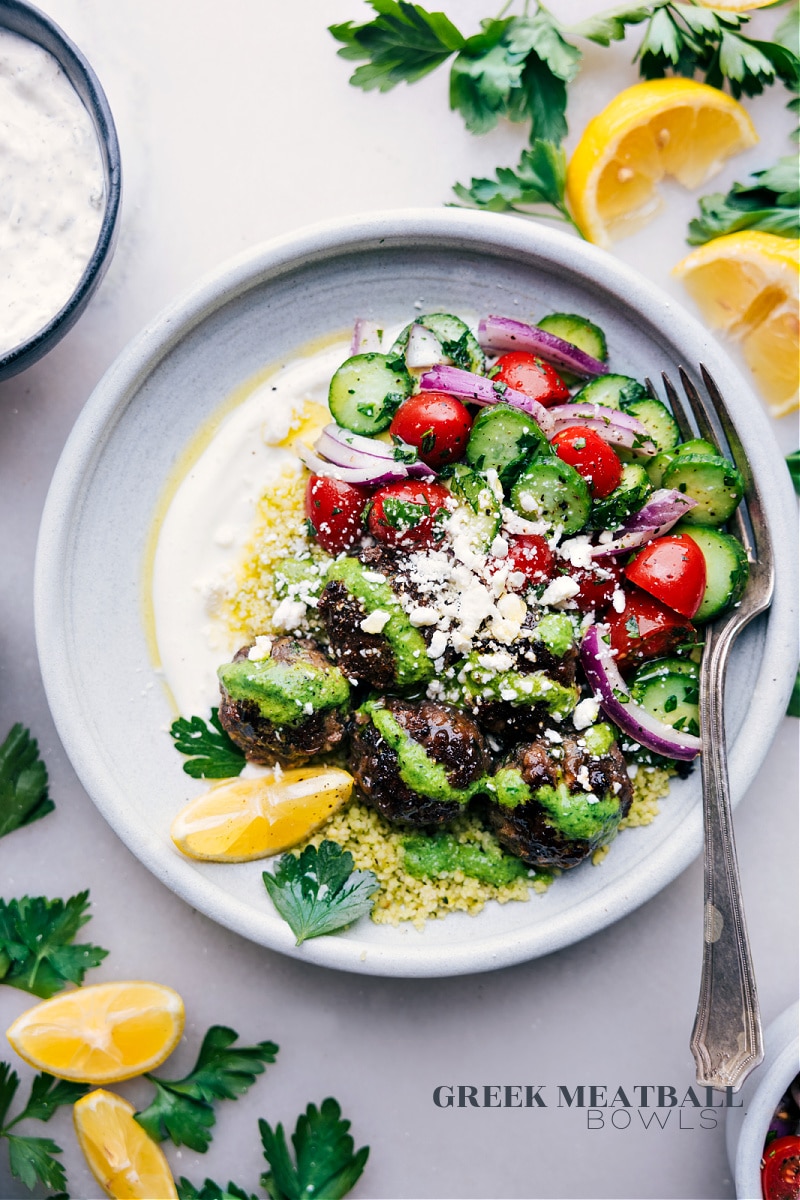 Overhead image of Greek Meatball Bowls