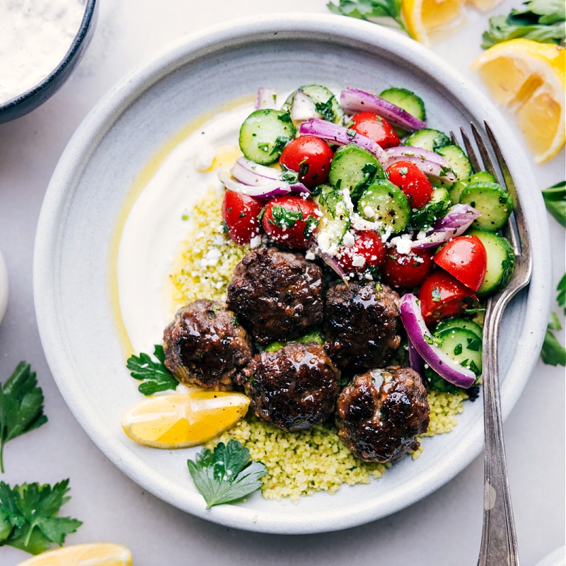 Overhead image of Greek Meatball Bowls ready to be enjoyed