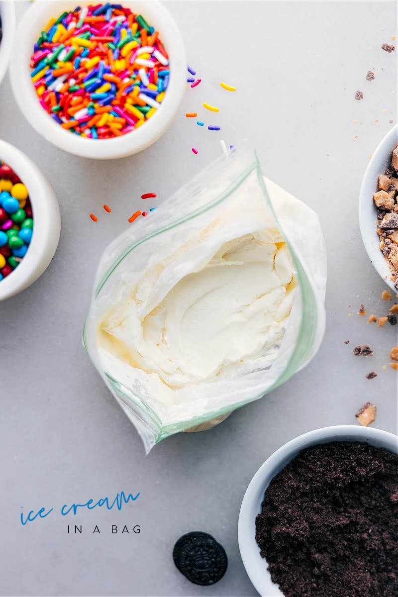 Overhead image of the Ice Cream in a Bag ready to be garnished with toppings